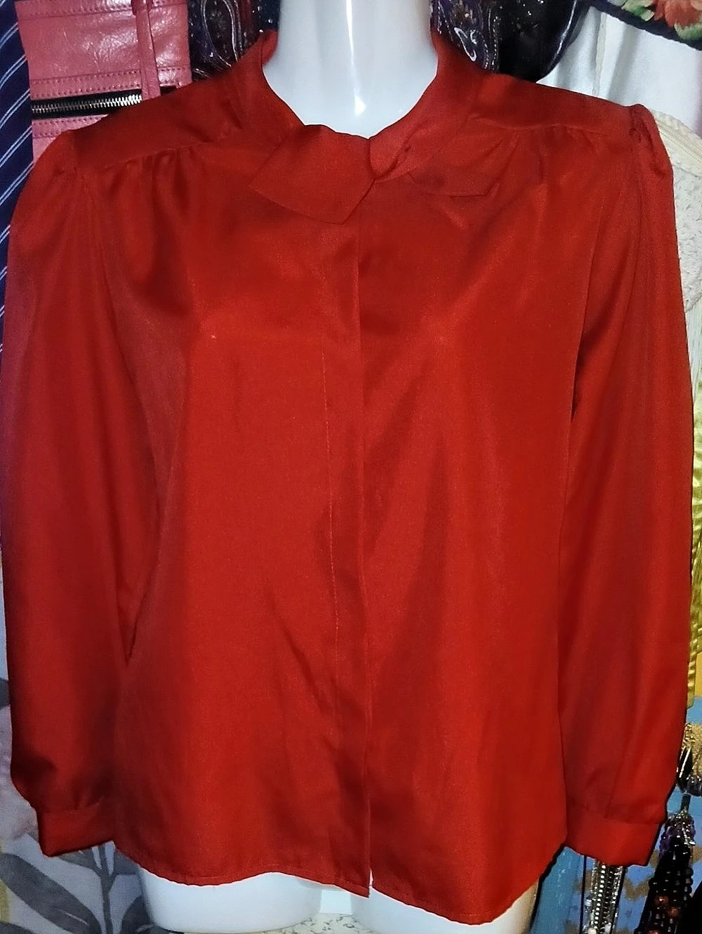 70s Vintage M LLEMAR Red Bow-Neck Button Front Business Blouse Size 10